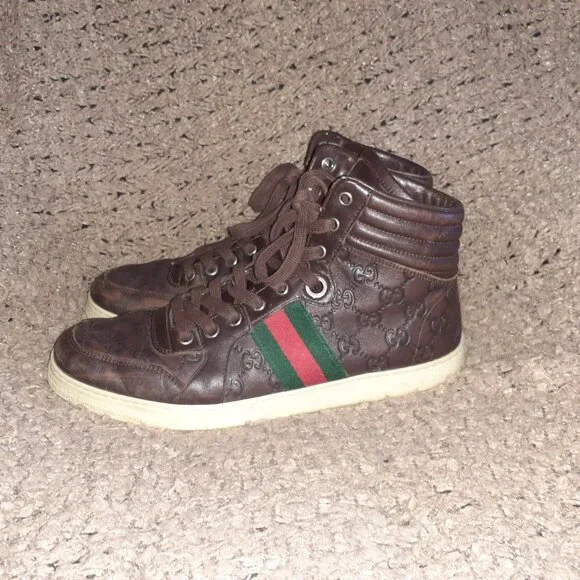 GUCCI-GG High Top 'Guccisima'-Brown Leather Hi-Top Sneakers-Sz 8.5-Excellent - Picture 2 of 11